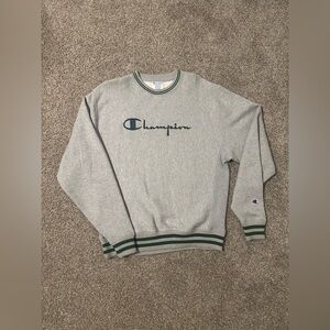 Vintage grey champion sweater with green stripes.